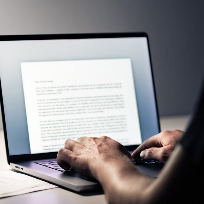 Close-up of hands typing on a laptop keyboard with a document open on the screen in a dimly lit workspace.