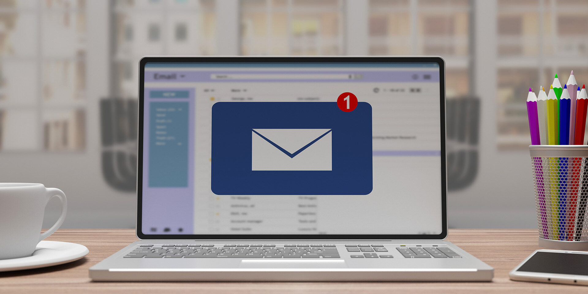 Laptop screen displaying an email inbox with a large email icon and a red notification badge indicating one new message.