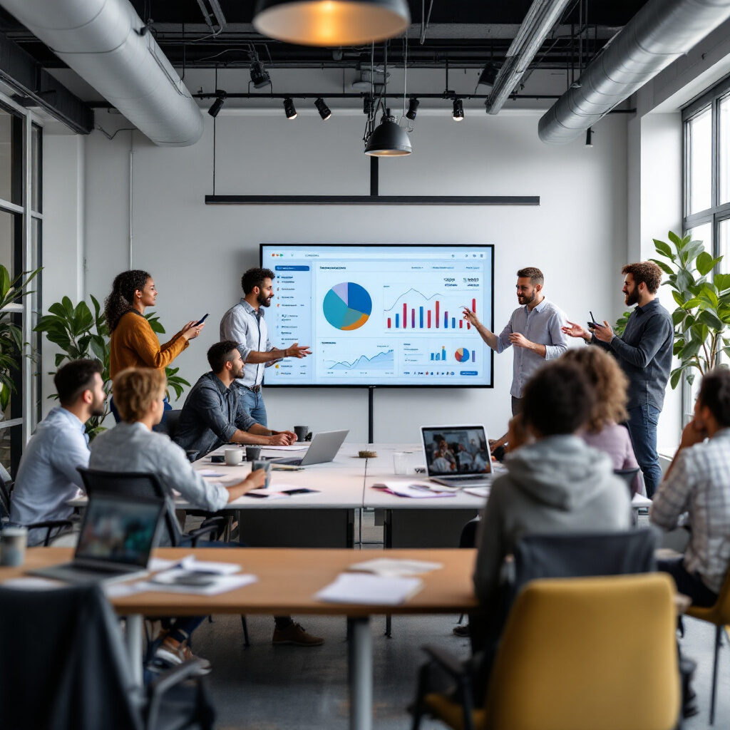 Team collaboration in action: colleagues gather around for a dynamic strategy session, analyzing performance metrics and planning their next big move.