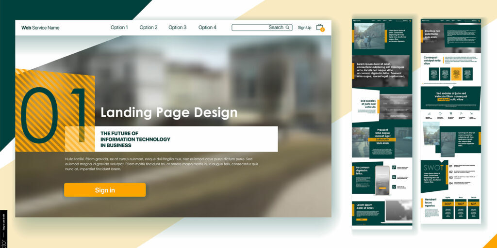 Mockup of a landing page design with a blurred background, navigation menu, search bar, and call-to-action button, alongside smaller screen previews on the right.