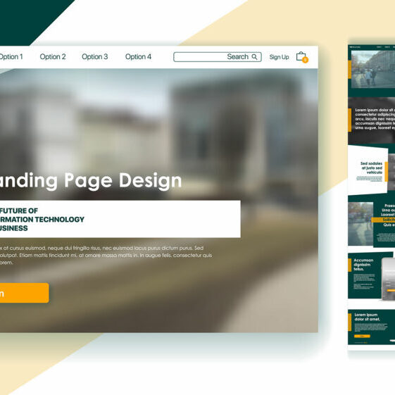 Mockup of a landing page design with a blurred background, navigation menu, search bar, and call-to-action button, alongside smaller screen previews on the right.